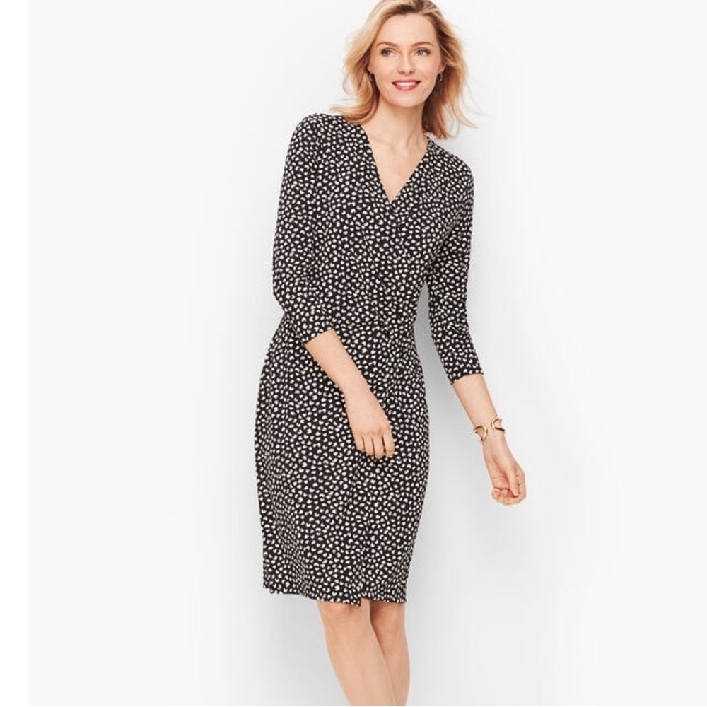 Talbots Heart Print Faux Wrap Black White 3/4 Sleeve Jersey Dress, Size XL